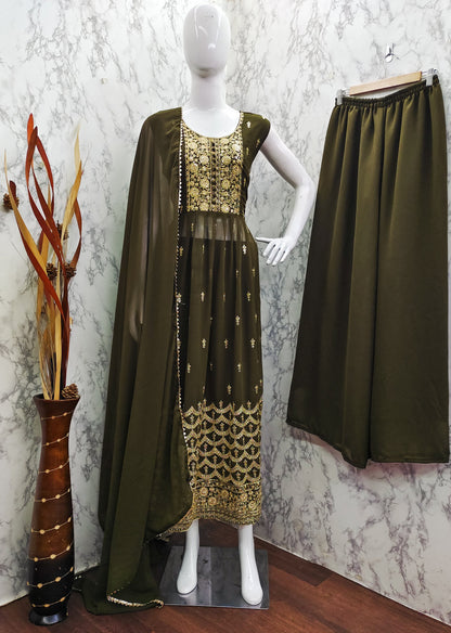 Olive Green Faux Georgette Sequence Embroidery Work Top Bottom With Dupatta