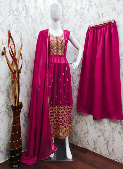 Rani Pink Faux Georgette Sequence Embroidery Work Top Bottom With Dupatta