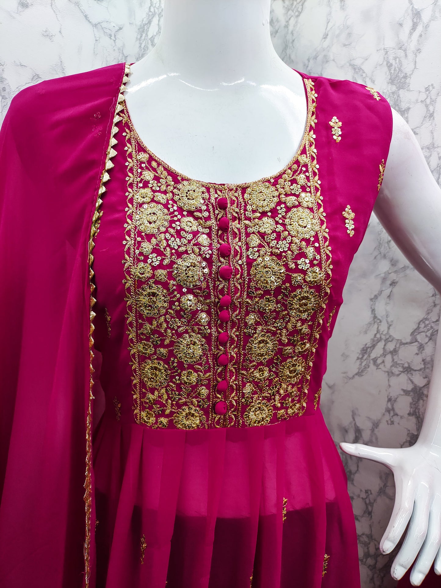 Rani Pink Faux Georgette Sequence Embroidery Work Top Bottom With Dupatta