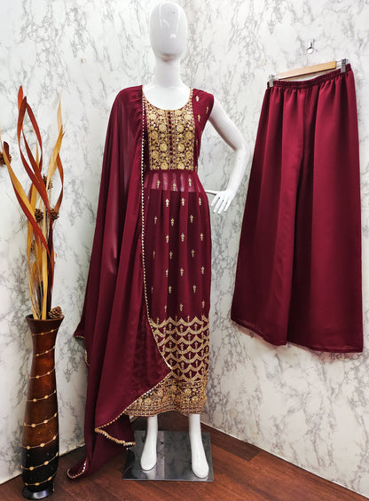 Maroon Faux Georgette Sequence Embroidery Work Top Bottom With Dupatta