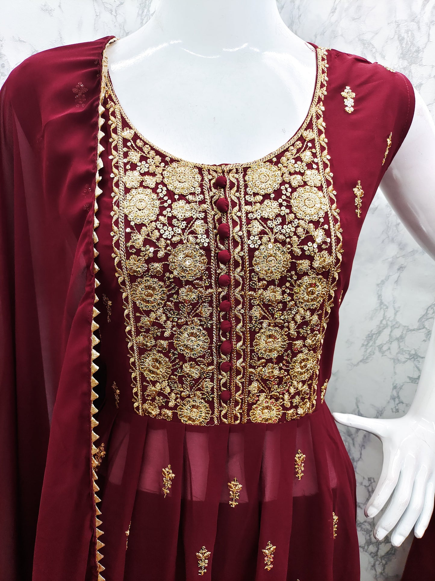 Maroon Faux Georgette Sequence Embroidery Work Top Bottom With Dupatta