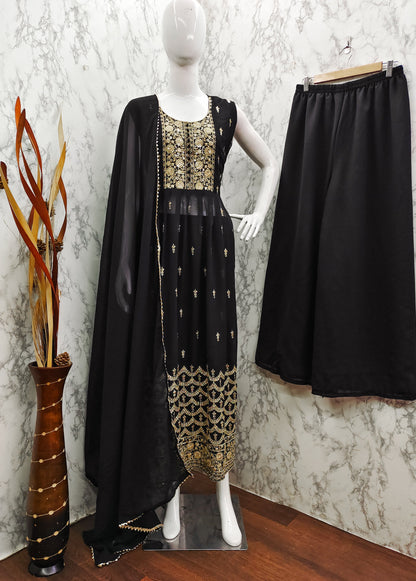 Black Faux Georgette Sequence Embroidery Work Top Bottom With Dupatta