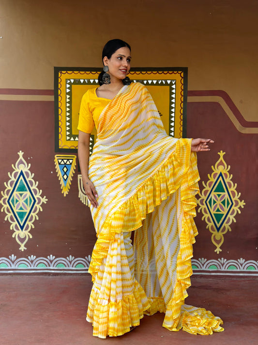 1 Min Ready To Wear Saree In Shibori Dyed Print With Ruffle All Over Boder