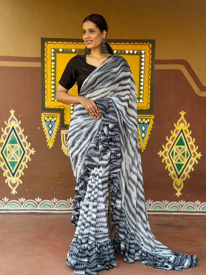 1 Min Ready To Wear Saree In Shibori Dyed Print With Ruffle All Over Boder