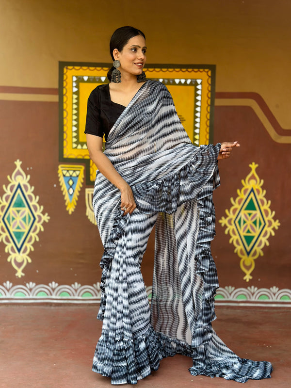 1 Min Ready To Wear Saree In Shibori Dyed Print With Ruffle All Over Boder