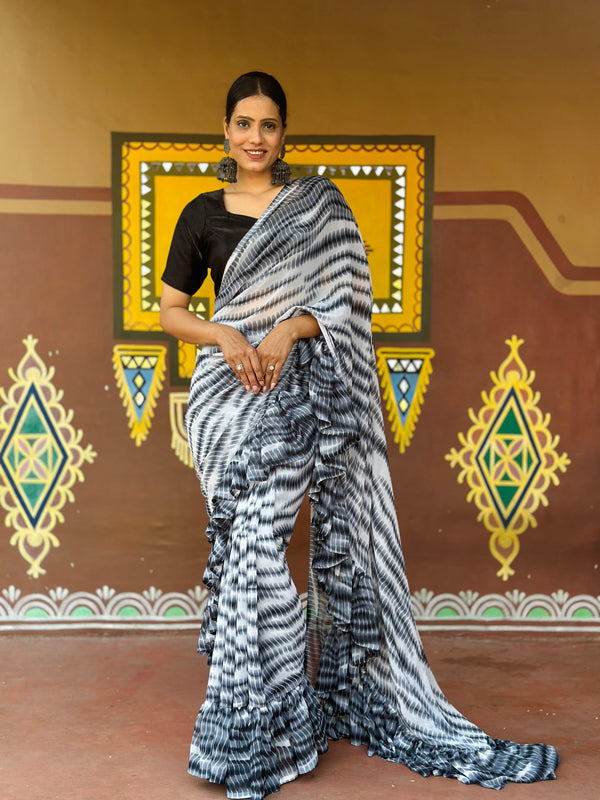 1 Min Ready To Wear Saree In Shibori Dyed Print With Ruffle All Over Boder