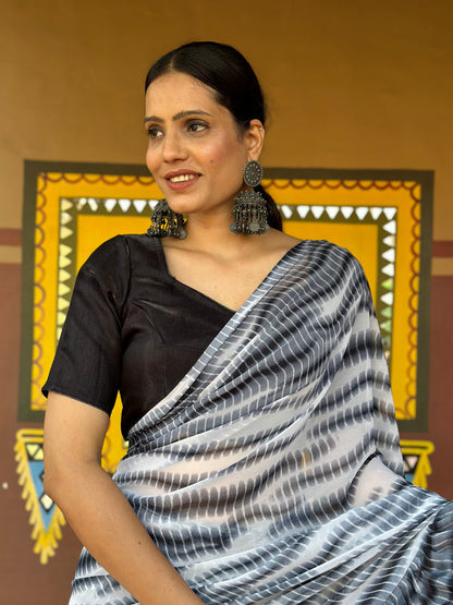 1 Min Ready To Wear Saree In Shibori Dyed Print With Ruffle All Over Boder