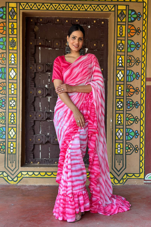 1 Min Ready To Wear Saree In Shibori Dyed Print With Ruffle All Over Boder