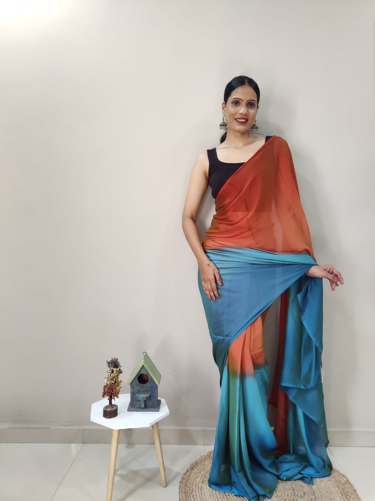 1-MIN READY TO WEAR  SUNEST SKY IMPORTED SILK SAREE  WITH BLOUSE