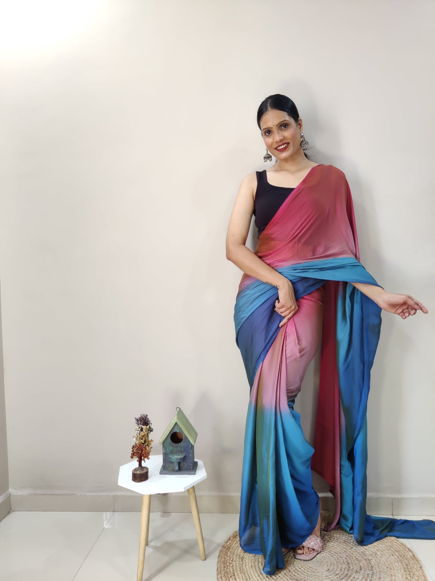 1-MIN READY TO WEAR  PEACOCK  IMPORTED SILK SAREE  WITH BLOUSE