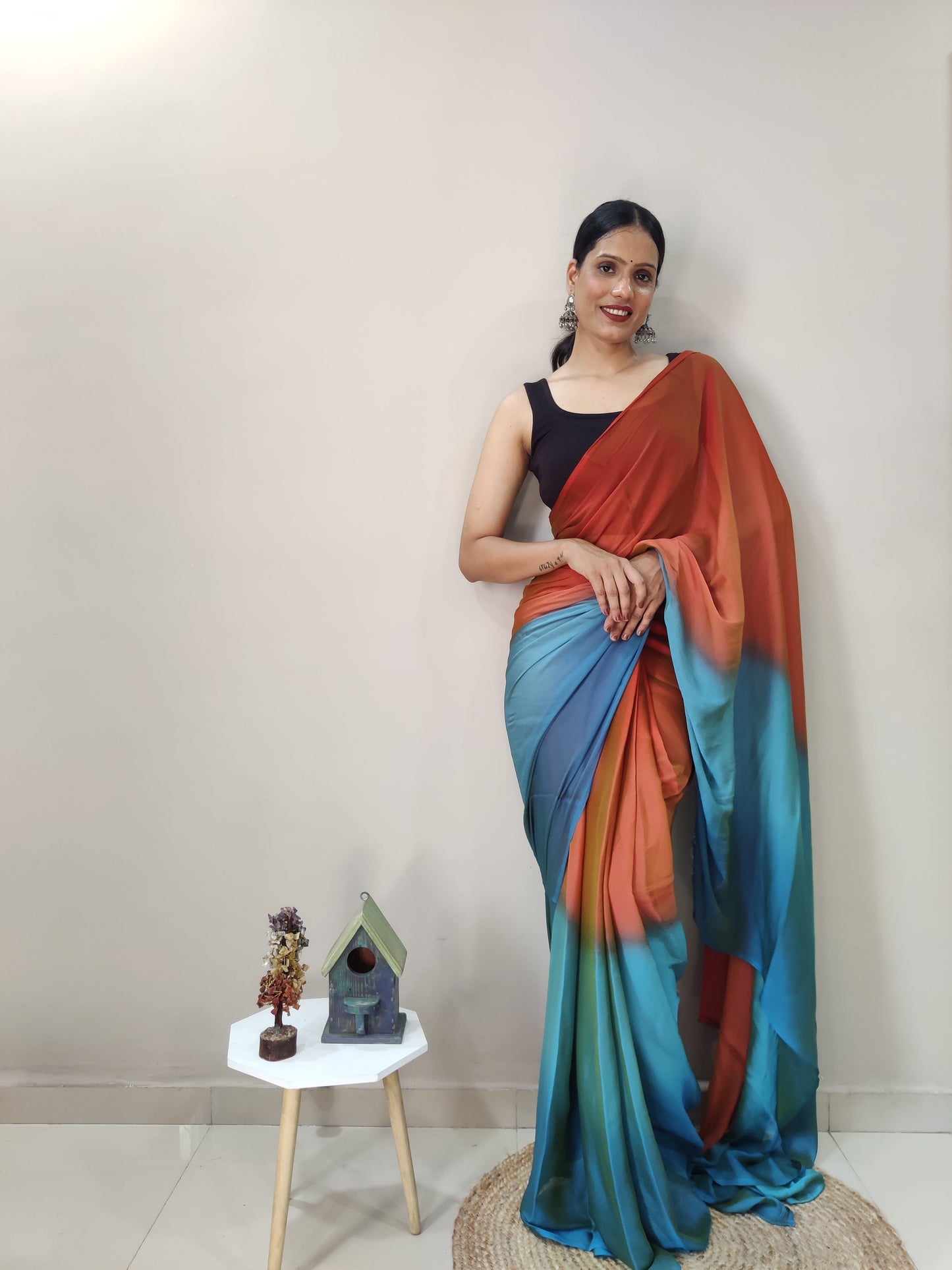 1-MIN READY TO WEAR  SUNEST SKY IMPORTED SILK SAREE  WITH BLOUSE