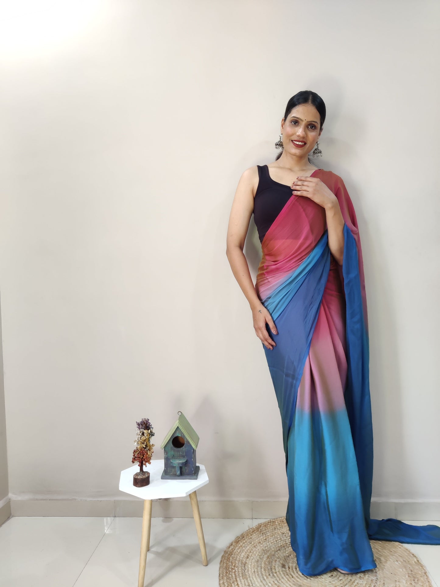 1-MIN READY TO WEAR  PEACOCK  IMPORTED SILK SAREE  WITH BLOUSE