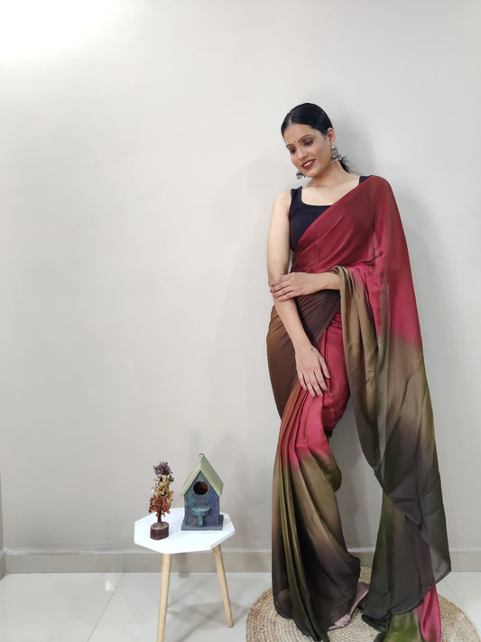 1-MIN READY TO WEAR  DARK COFFEE  IMPORTED SILK SAREE  WITH BLOUSE