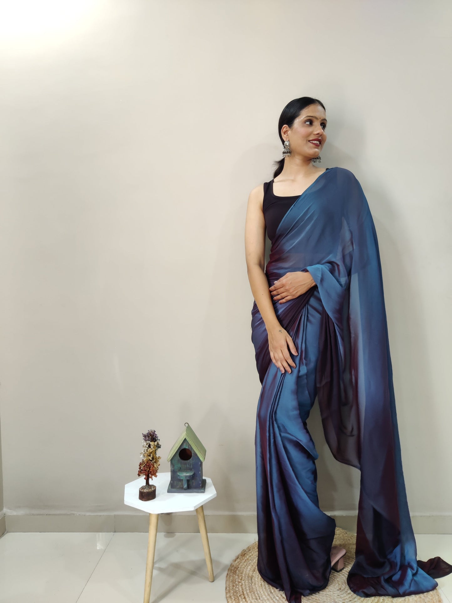 1-MIN READY TO WEAR   DEEP SEA   IMPORTED SILK SAREE  WITH BLOUSE