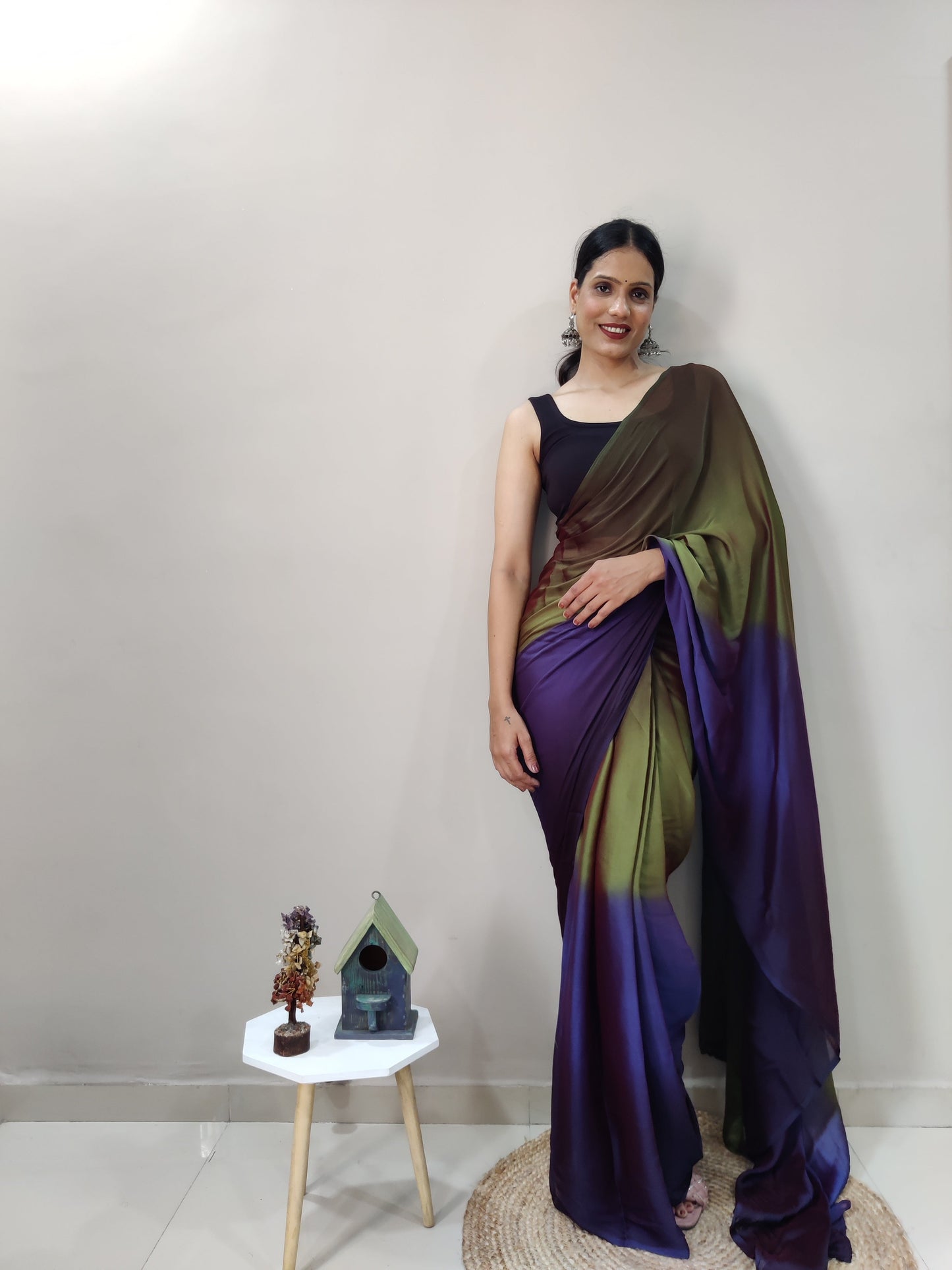 1-MIN READY TO WEAR   AVOCADO  IMPORTED SILK SAREE  WITH BLOUSE