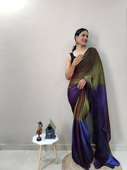 1-MIN READY TO WEAR   AVOCADO  IMPORTED SILK SAREE  WITH BLOUSE