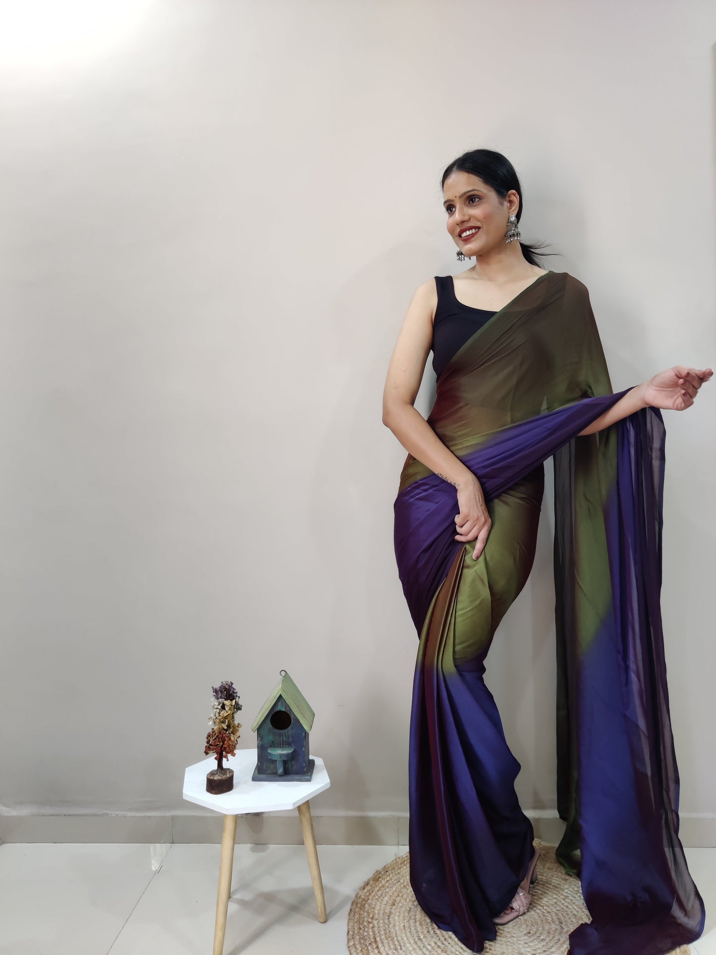 1-MIN READY TO WEAR   AVOCADO  IMPORTED SILK SAREE  WITH BLOUSE