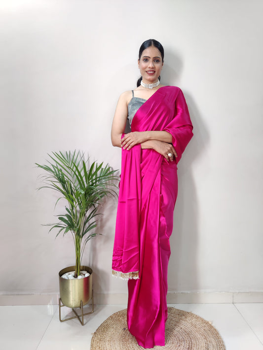 1-MIN READY TO WEAR  Hot Pink Satin Silk Saree With Handmade Tassels On Pallu