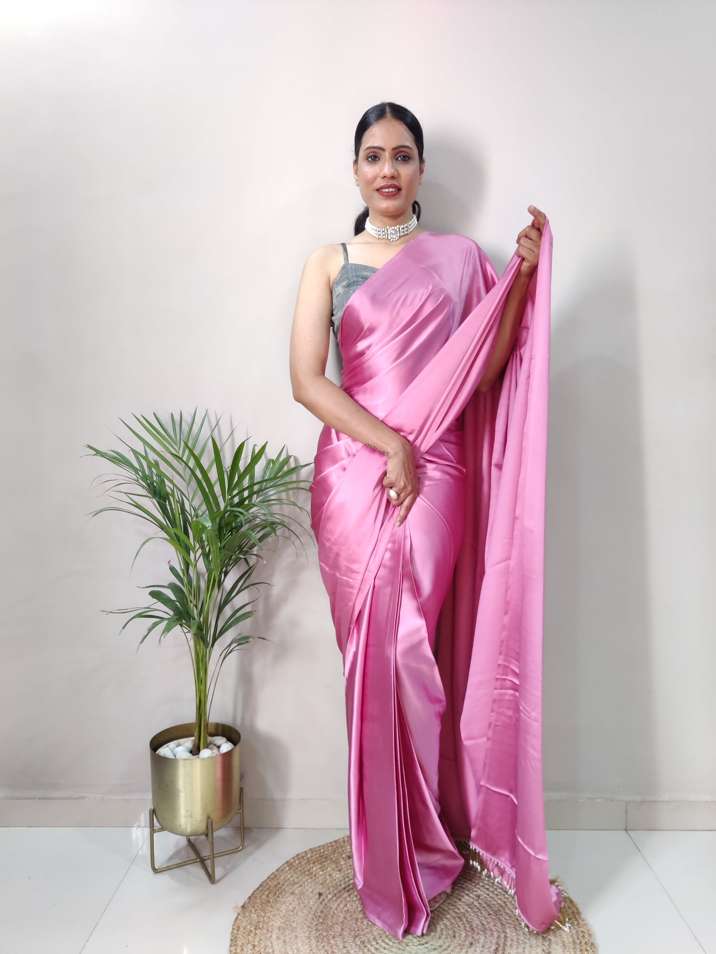 1-MIN READY TO WEAR  Dusty Rose Satin Silk Saree With Handmade Tassels On Pallu