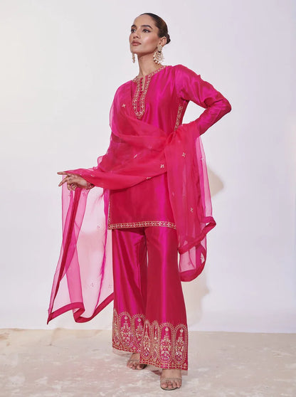 Pink Fancy Thread Embroidery Work Top Bottom With Dupatta