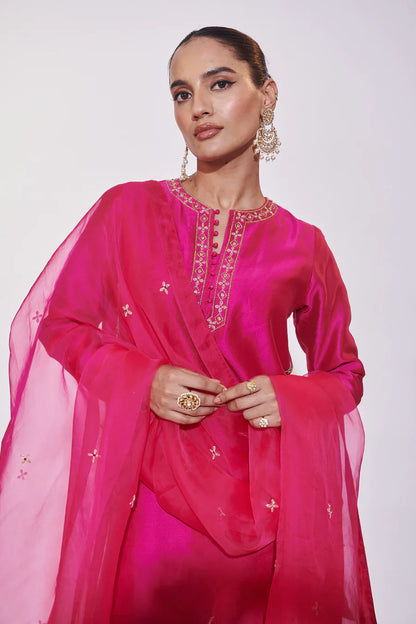 Pink Fancy Thread Embroidery Work Top Bottom With Dupatta