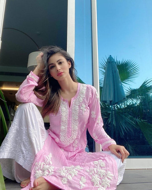 Pink Rayon Cotton Chikankari Kurta With Palazzo Set