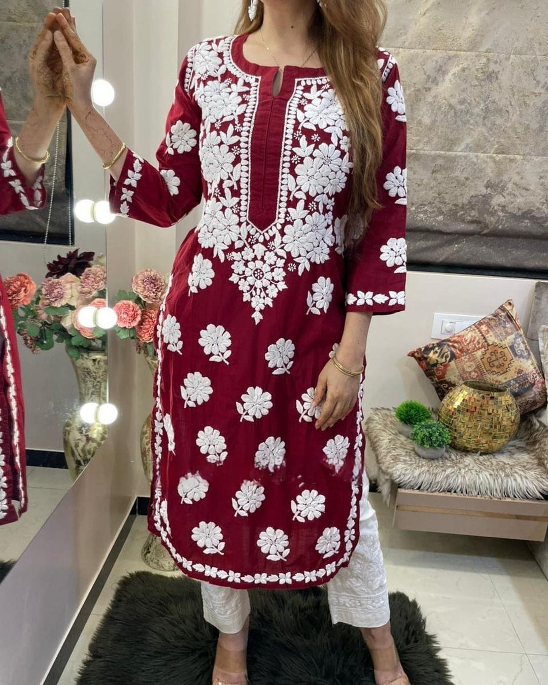 Maroon Ryon Cotton Chikankari Embroidery Work Kurti With Pant