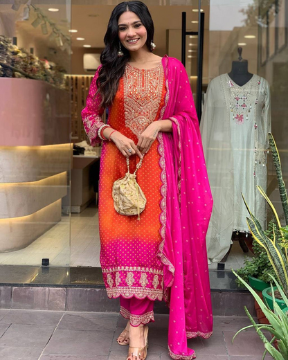 Orange pink silk embroidered ceremonial salwar suit