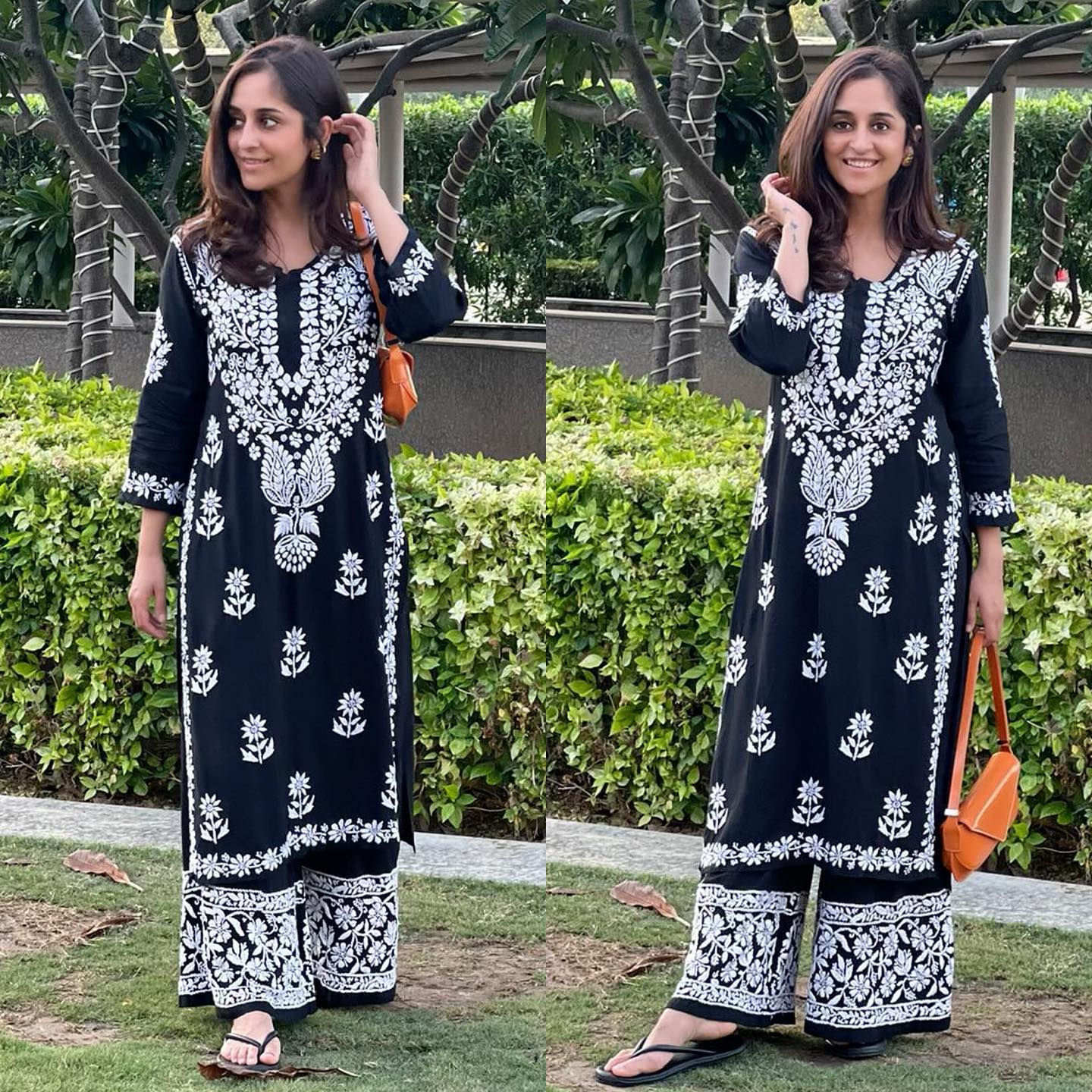 Black Rayon Cotton Chikankari Kurta With Palazzo Set