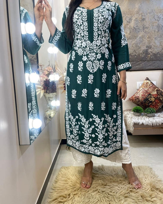 Rama Green Ryon Cotton Chikankari Embroidery Work Kurti With Plazzo