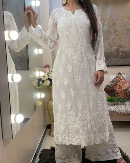 White Rayon Cotton Chikankari Kurta With Palazzo Set