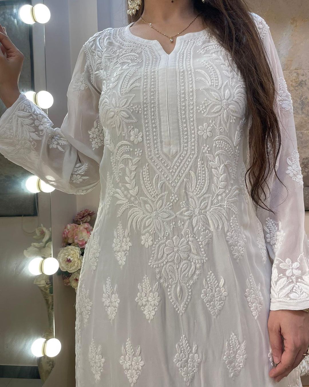 White Rayon Cotton Chikankari Kurta With Palazzo Set