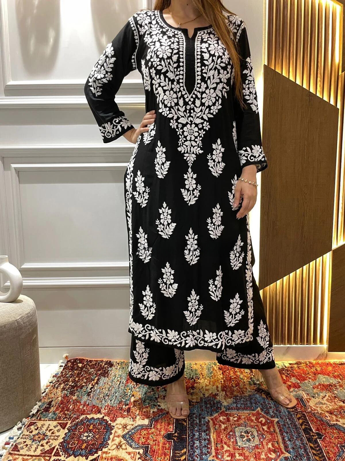 Rayon Cotton Chikankari Kurta With Palazzo Set