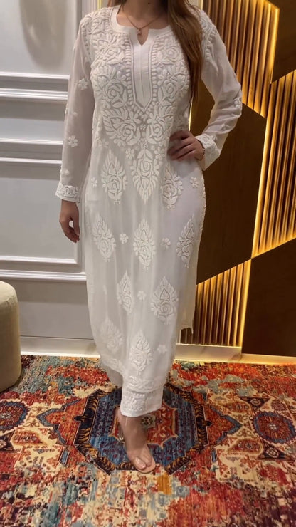 White Rayon Cotton Chikankari Kurta With Palazzo Set