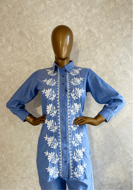 Denim Blue Cambric Cotton Chikankari Co-Ord Set