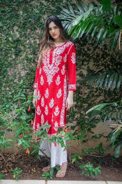 Red Rayon Cotton Chikankari Embroidery Work Kurta With Palazzo