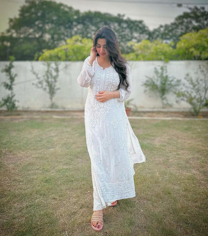 White Rayon Cotton Chikankari Kurta With Palazzo Set