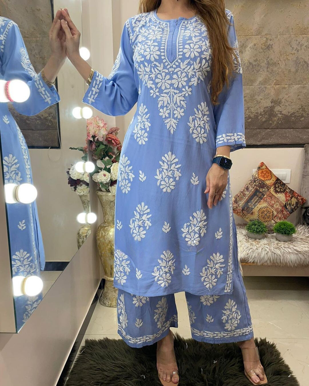 Rayon Cotton Chikankari Kurta With Palazzo