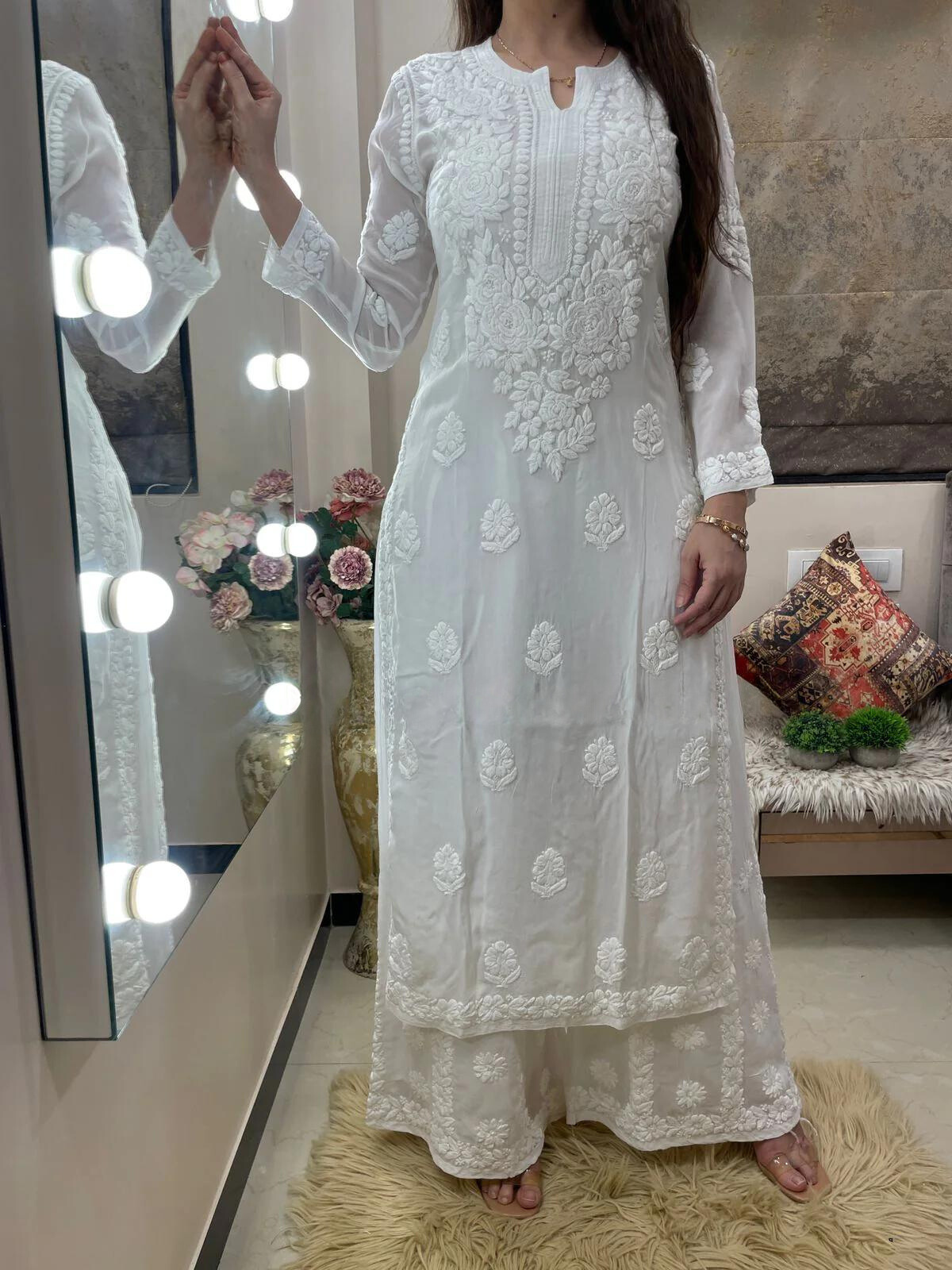 White Viscose Georgette Chikankari Kurta With Palazzo