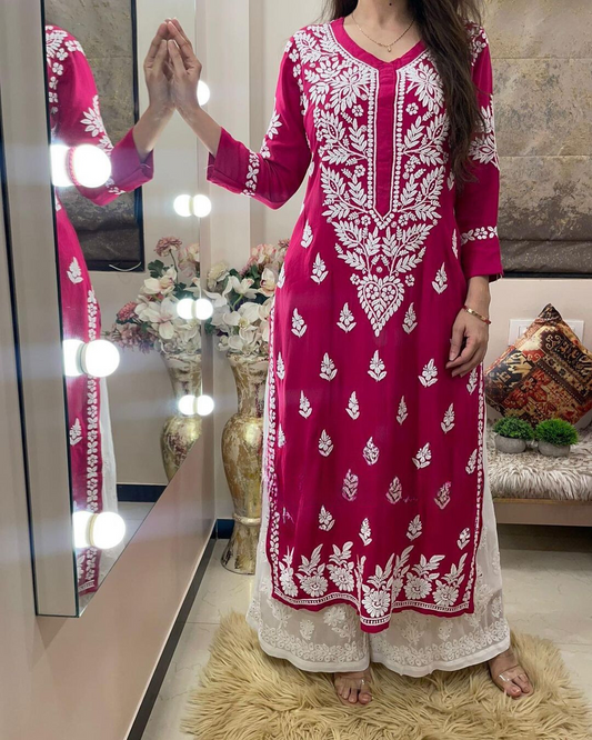 Pink Rayon Cotton Chikankari Kurta Wuth Palazzo Set