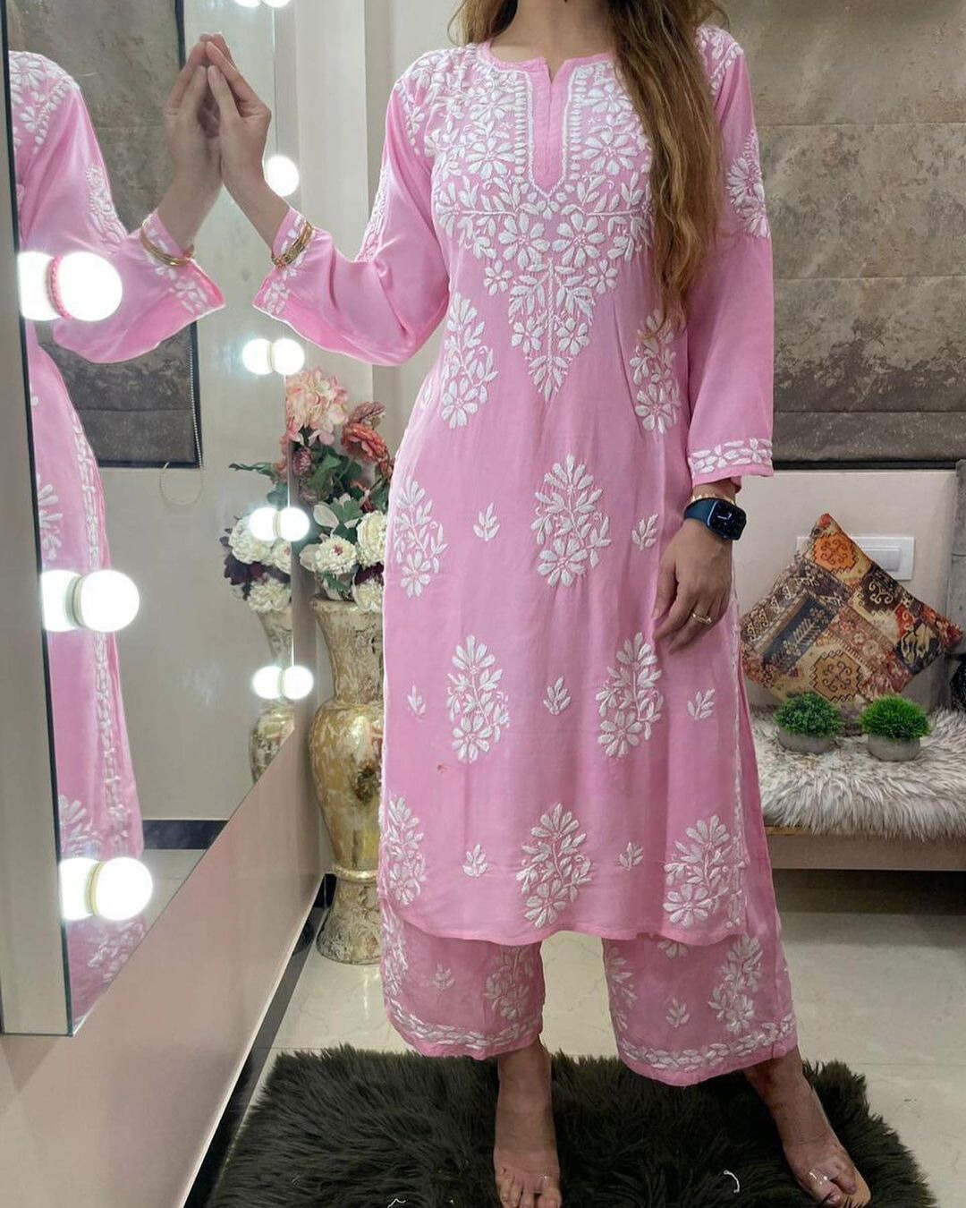 Rayon Cotton Chikankari Kurta With Palazzo