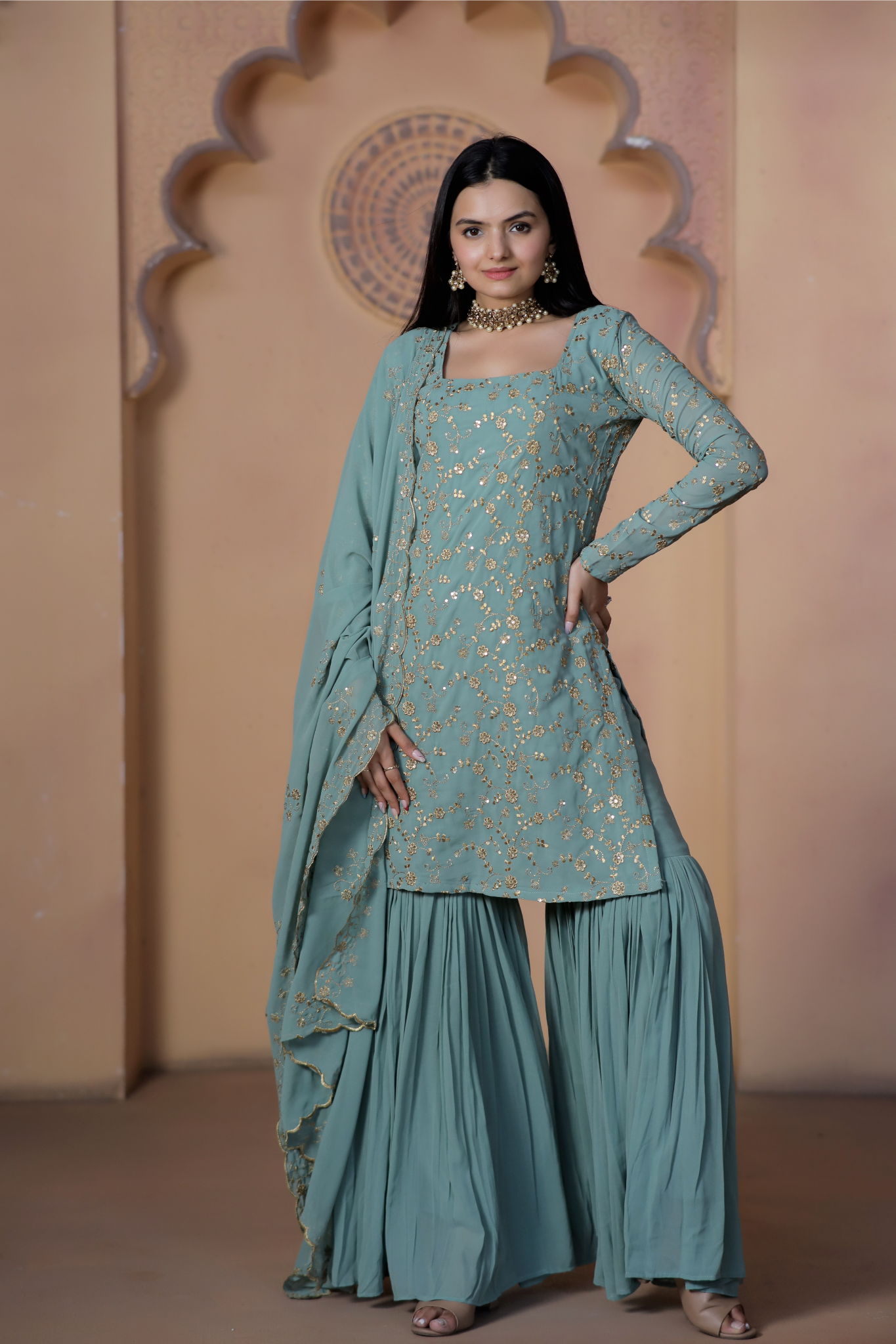 "Faux Georgette Zari & Sequins Embroidered  Sharara Set"