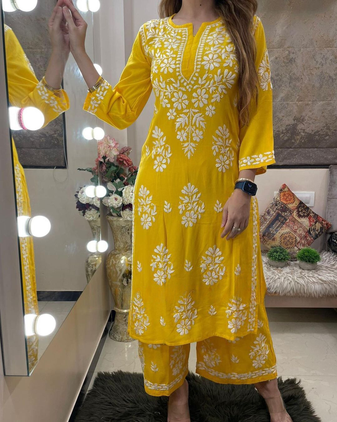 Yellow Rayon Cotton Chikankari Kurta With Palazzo