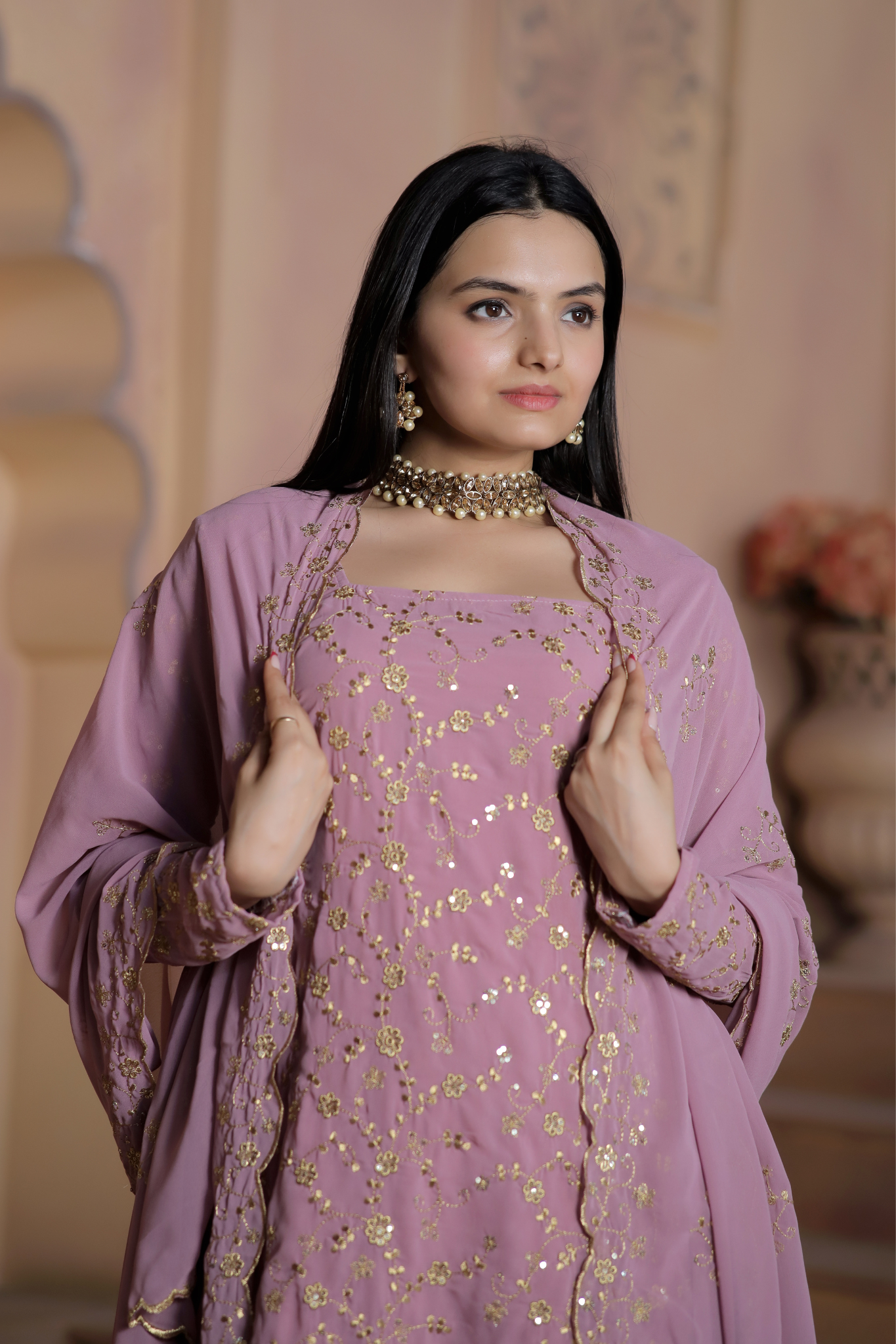 "Faux Georgette Zari & Sequins Embroidered  Sharara Set"