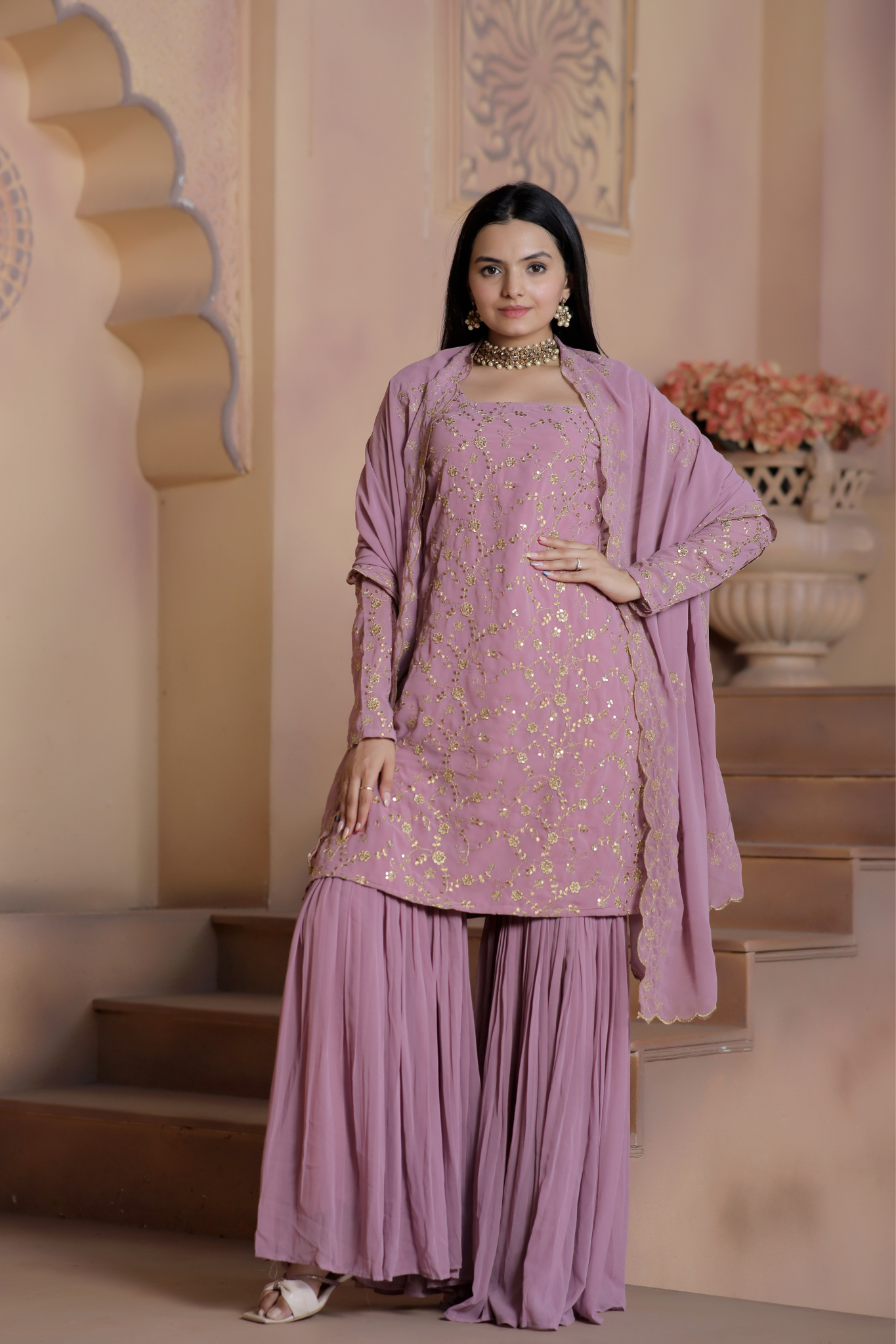 "Faux Georgette Zari & Sequins Embroidered  Sharara Set"