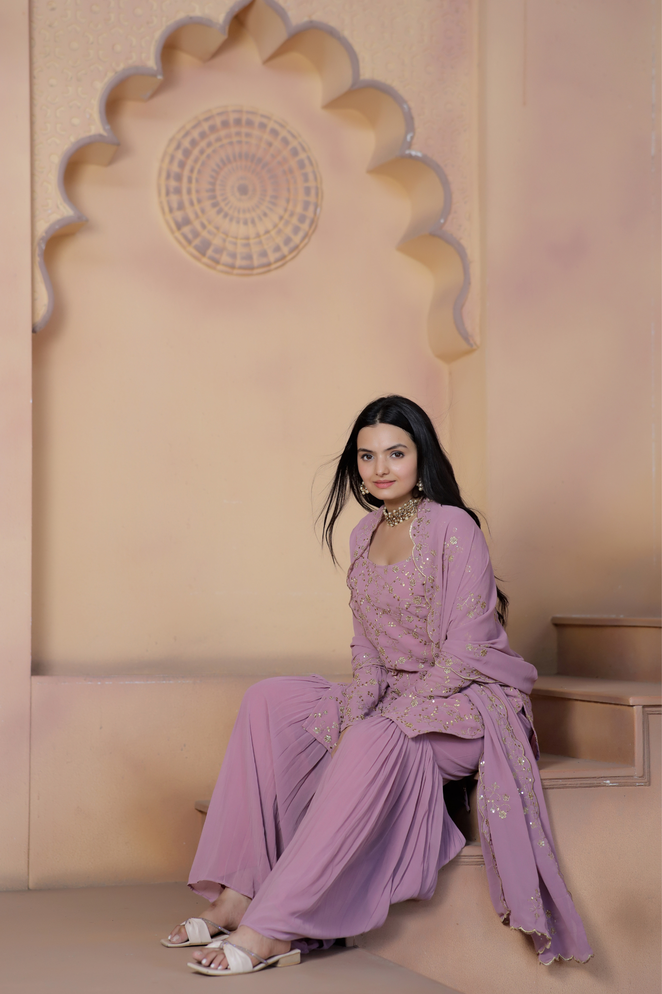 "Faux Georgette Zari & Sequins Embroidered  Sharara Set"