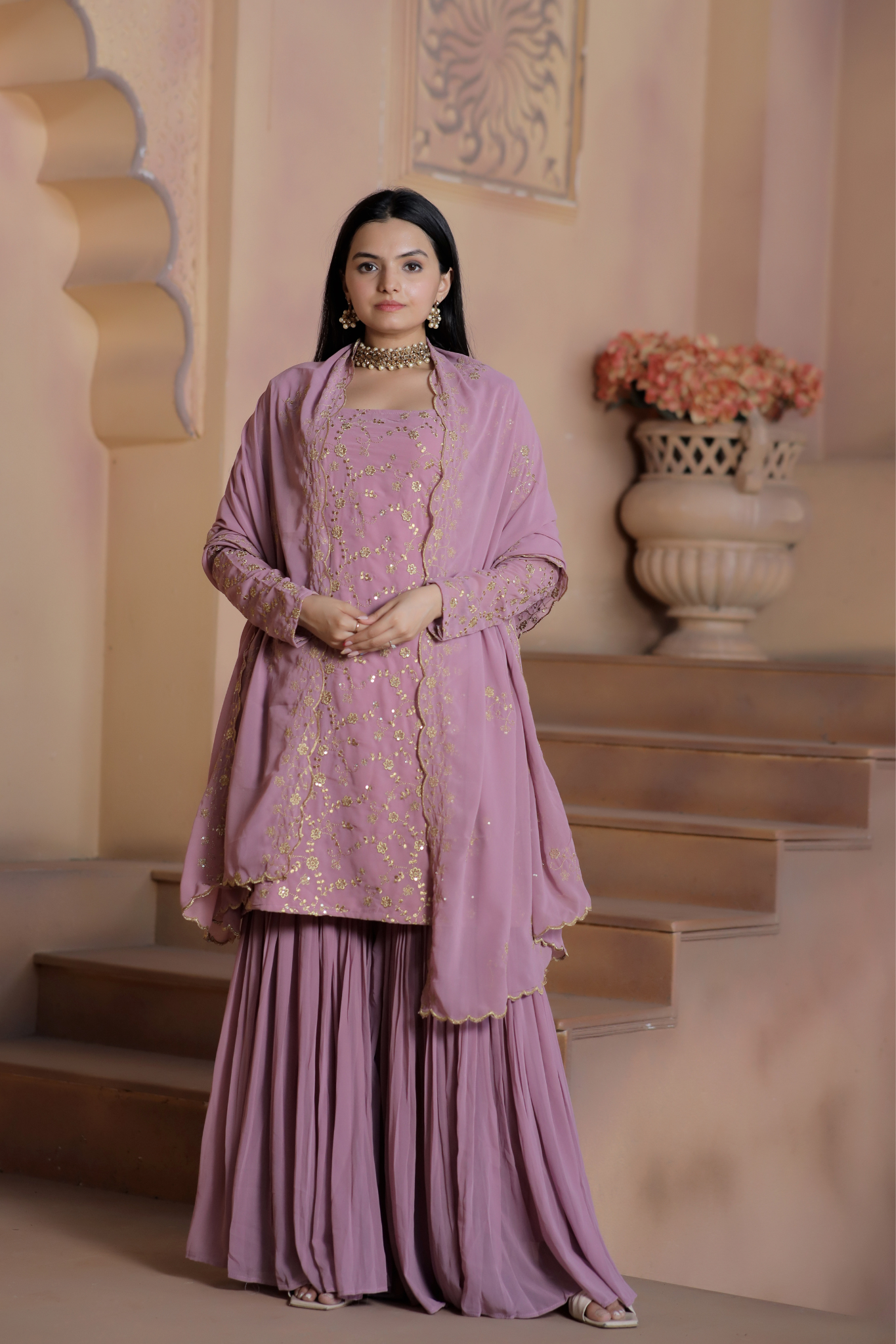 "Faux Georgette Zari & Sequins Embroidered  Sharara Set"