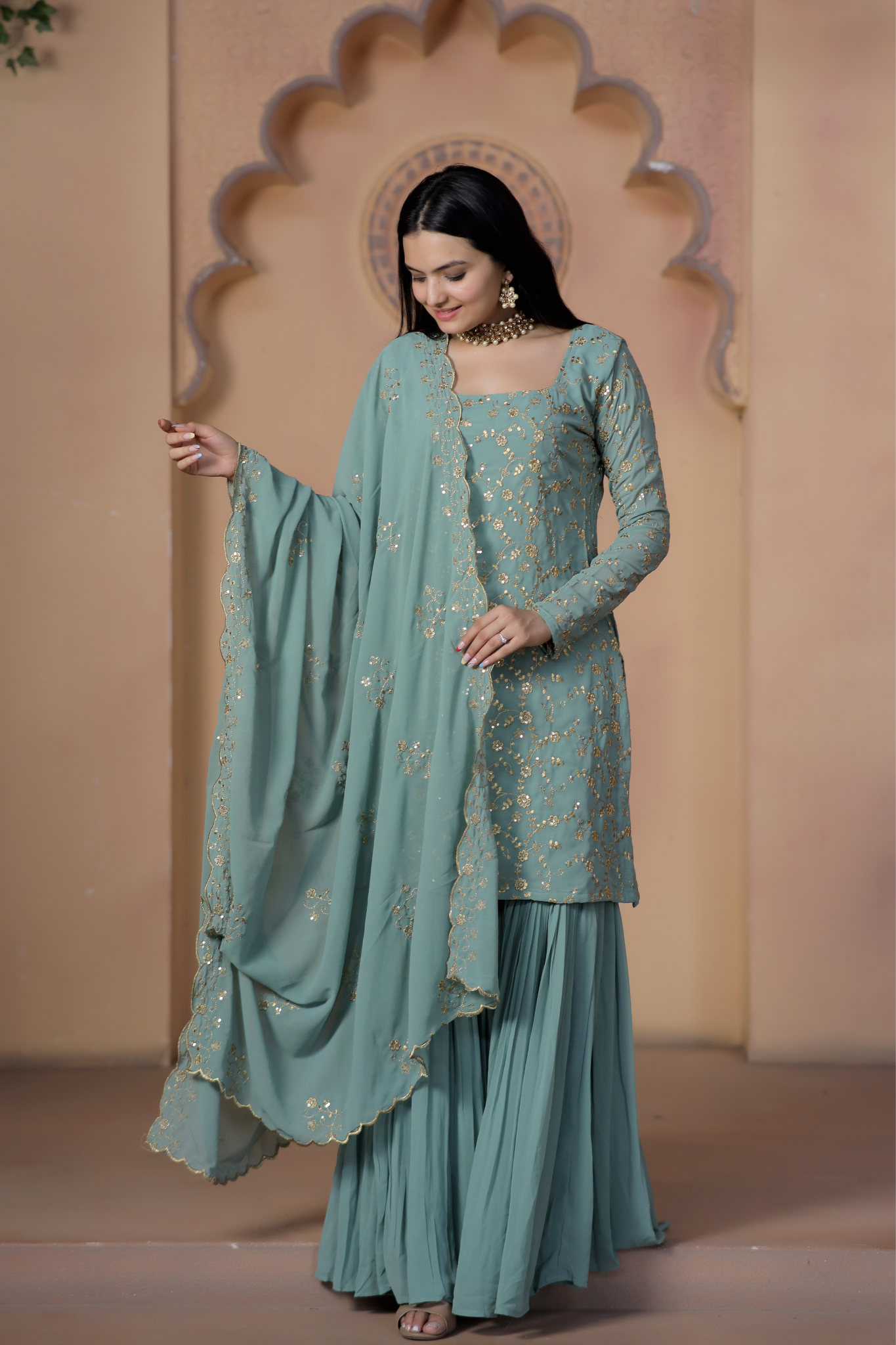 "Faux Georgette Zari & Sequins Embroidered  Sharara Set"