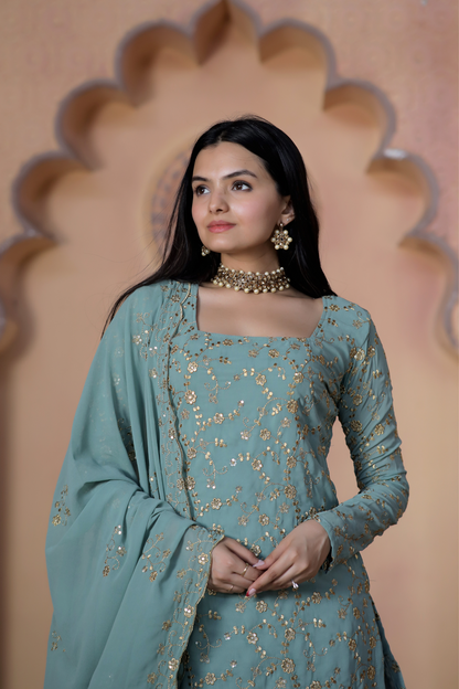 "Faux Georgette Zari & Sequins Embroidered  Sharara Set"