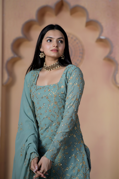 "Faux Georgette Zari & Sequins Embroidered  Sharara Set"